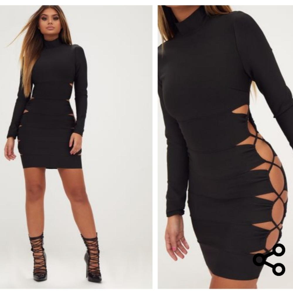 PLT NWOT Black Bandage Lace up High Neck Bodycon
